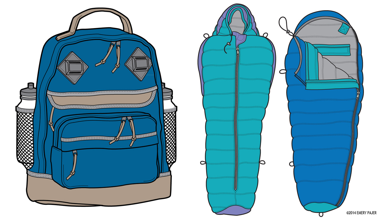 product illustration, back pack and sleeping bags