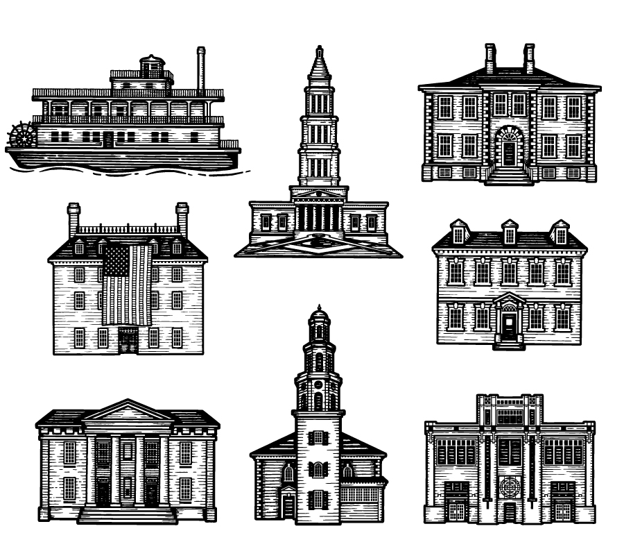 Woodcut Building Icon Illustration